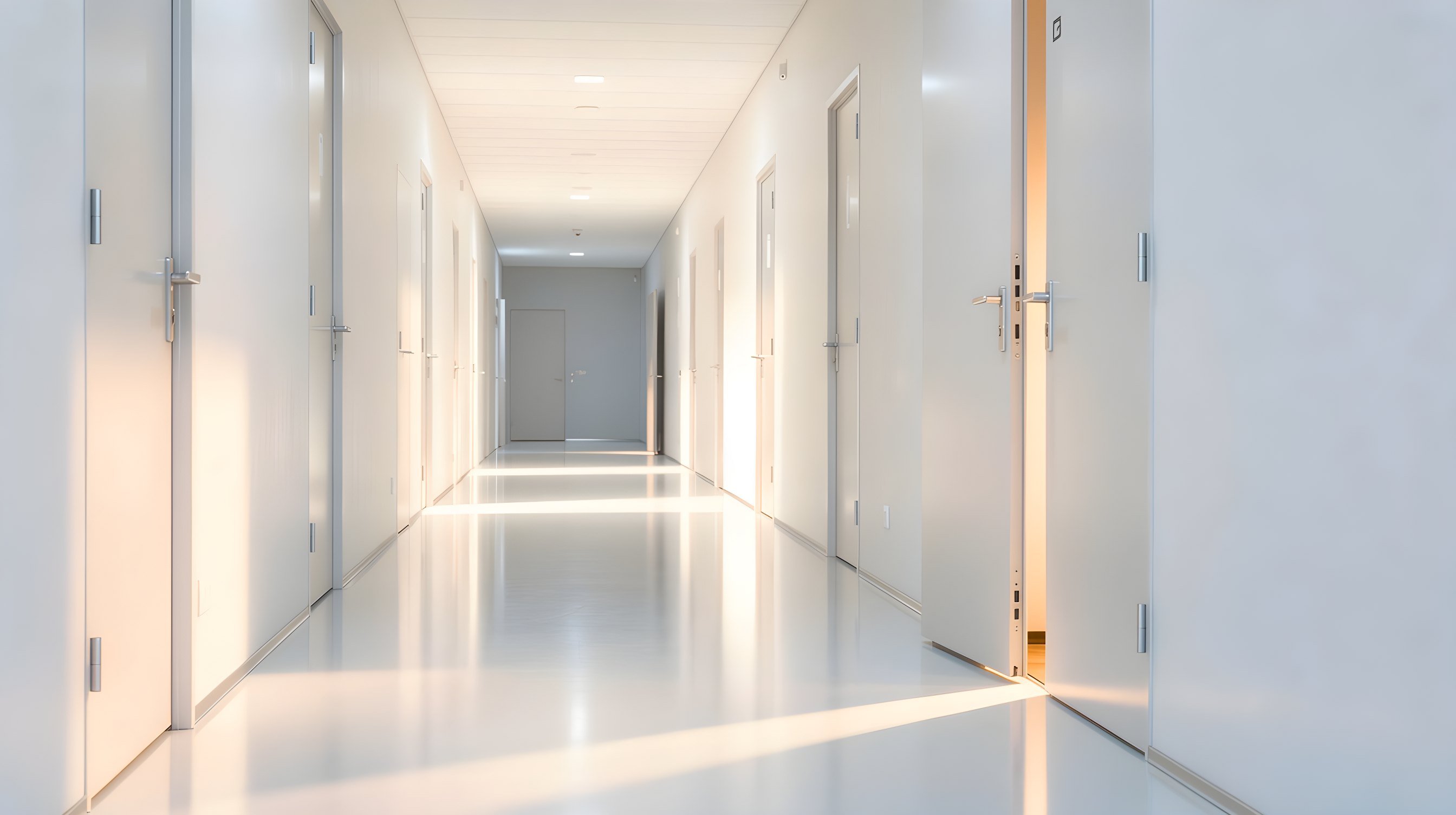 Illustration: a long dim corridor of closed plain doors, one standing open at the near end with warm amber light spilling across the floor.
