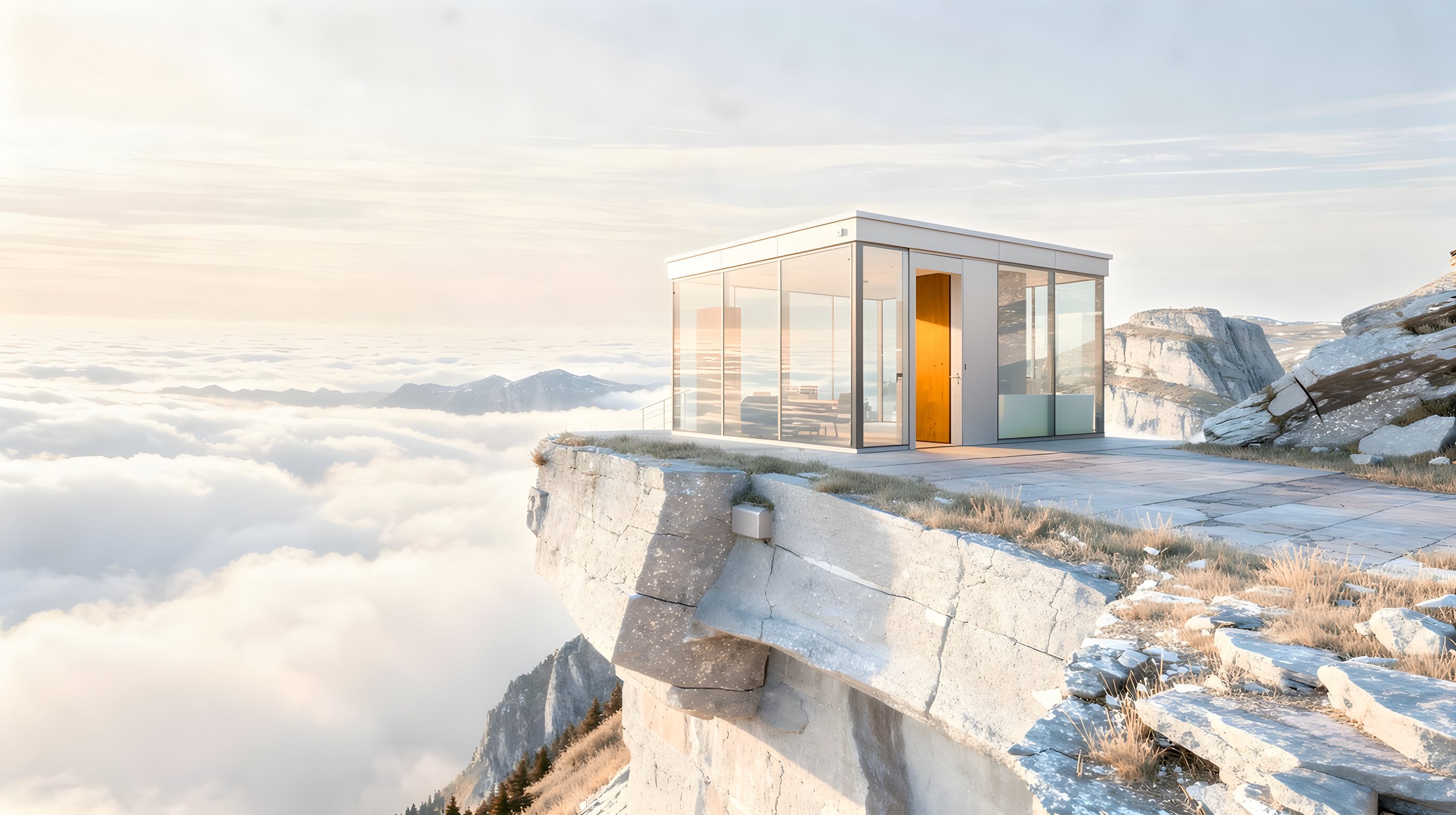 Illustration: a glass-walled lookout on a sheer mountain ledge above a valley, one open doorway spilling warm amber light onto the rock.