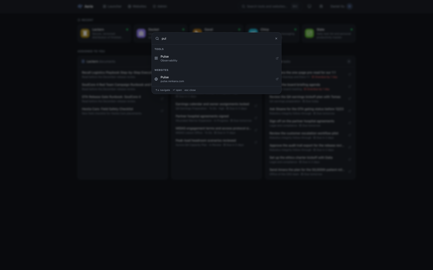 The command bar open over the dashboard with pul typed: Pulse is the first match under Tools, with its category beneath.