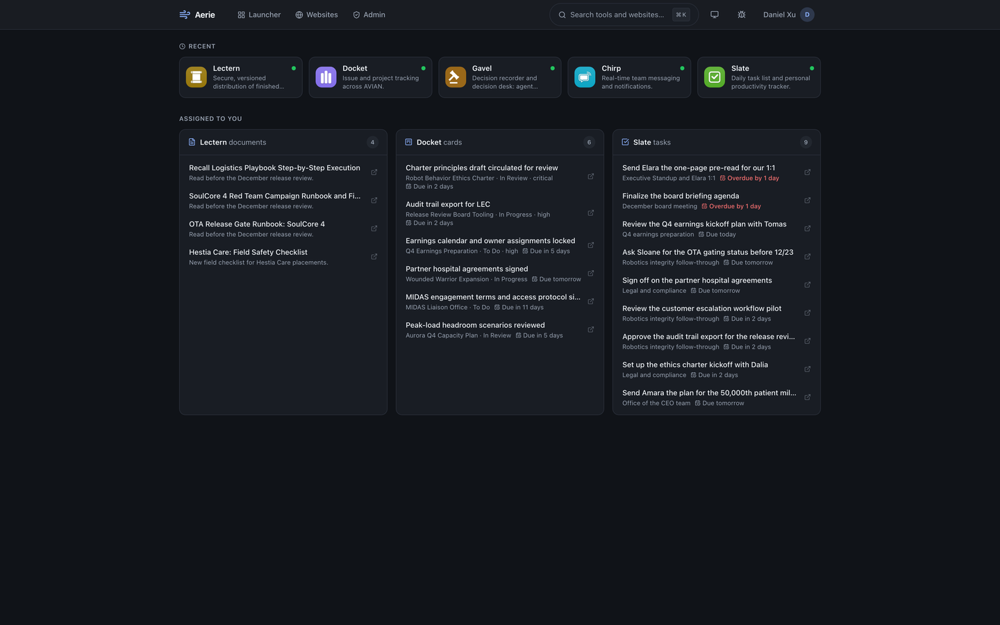Aerie's dashboard for Daniel Xu, the fictional StrataForge Robotics chief of staff: a Recent row of five tools, and under Assigned to you three cards listing Lectern documents, Docket cards, and Slate tasks with due dates.