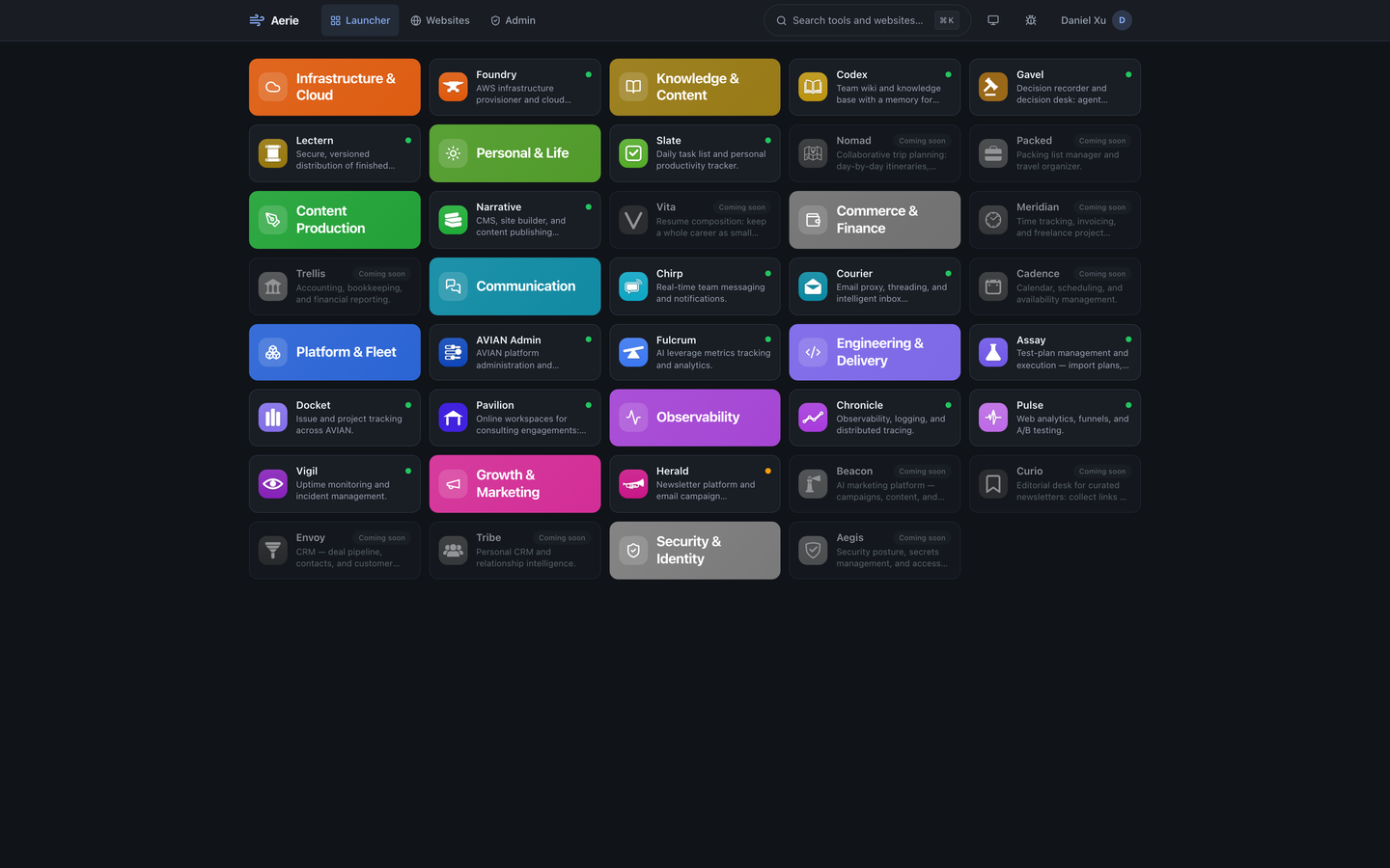 Aerie's launcher: every tool in the fleet on one screen, grouped under eleven colored category tiles, with a green health dot on live tools, an amber dot on one degraded tool, and gray coming-soon tiles.